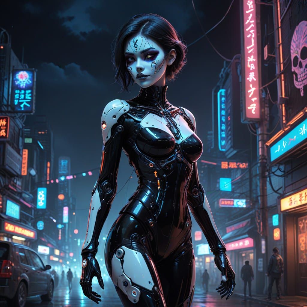 Cyborg Marionette in Futuristic Cityscape, Cyberpunk Style