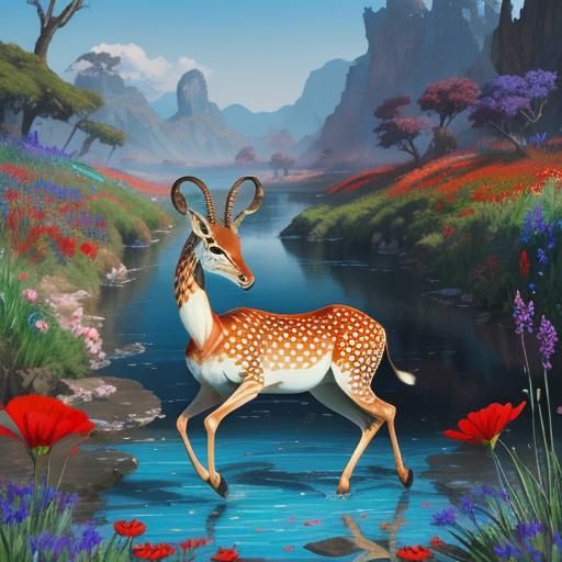 Elegant Gazelle Prancing in Watercolor Flower Pool