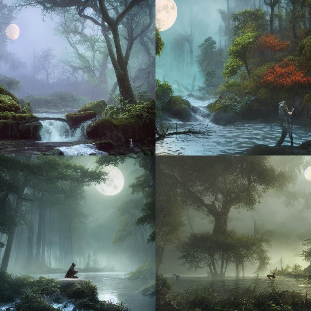 Enchanted Forest Scene with Girl and Animals