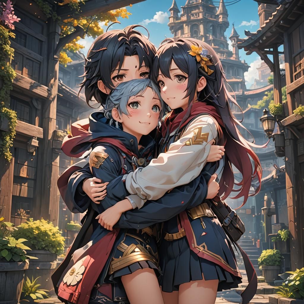 Anime Girls Hugging Boy: Detailed Matte Painting