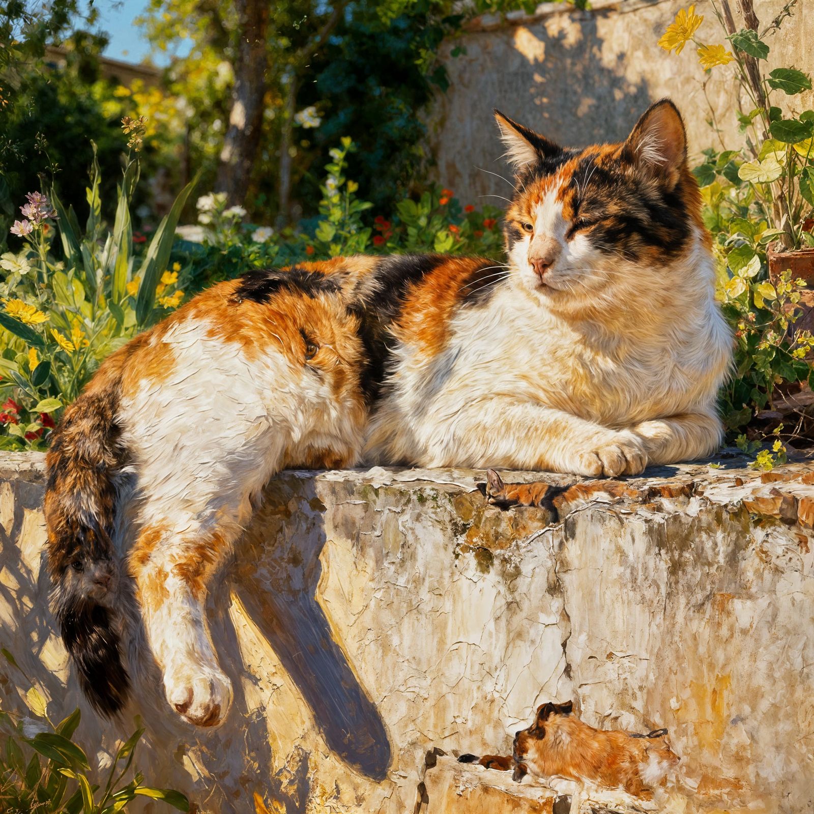 Closeup of A Calico sunning itself on a garden wall. oil painting by James Gurney