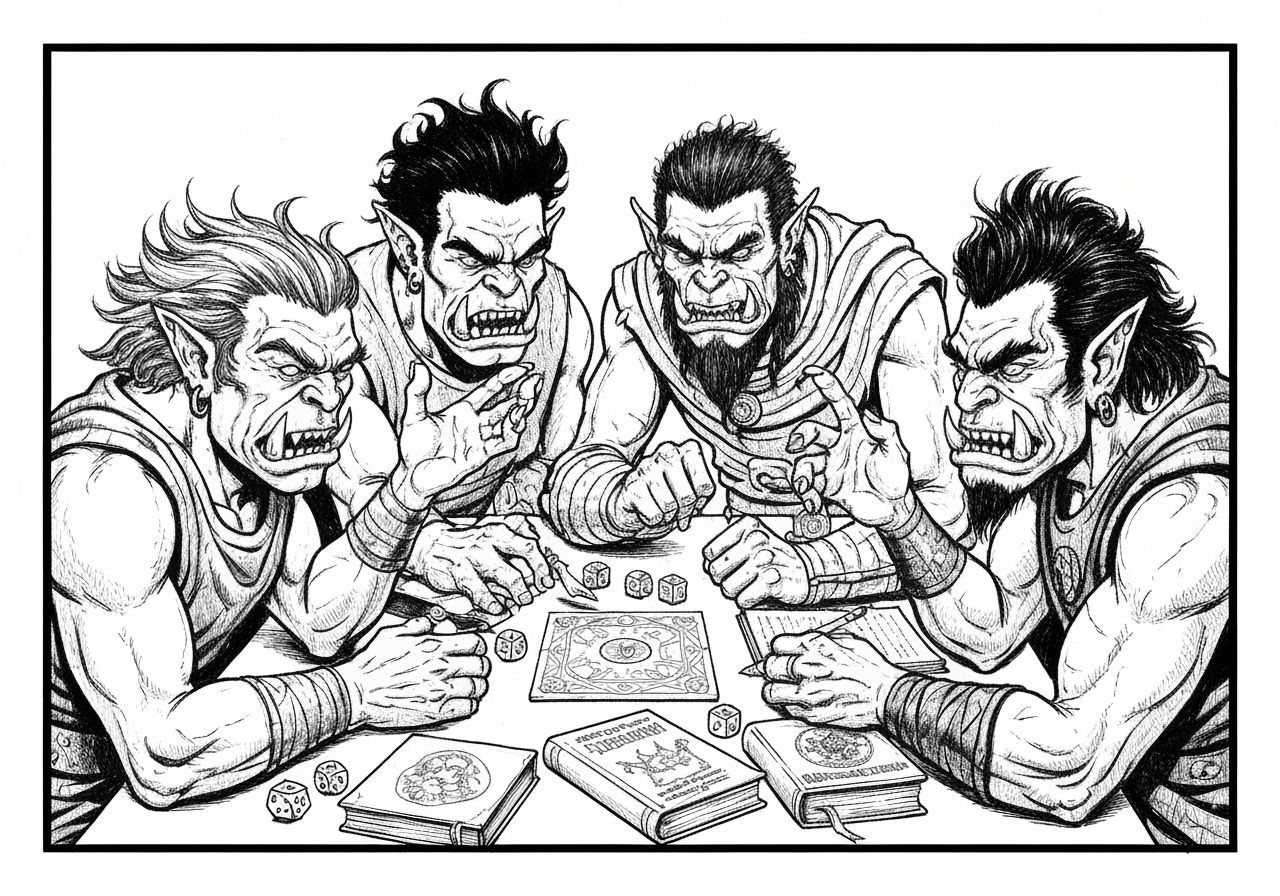 Orcs Playing D&D in Black and White Comic Style