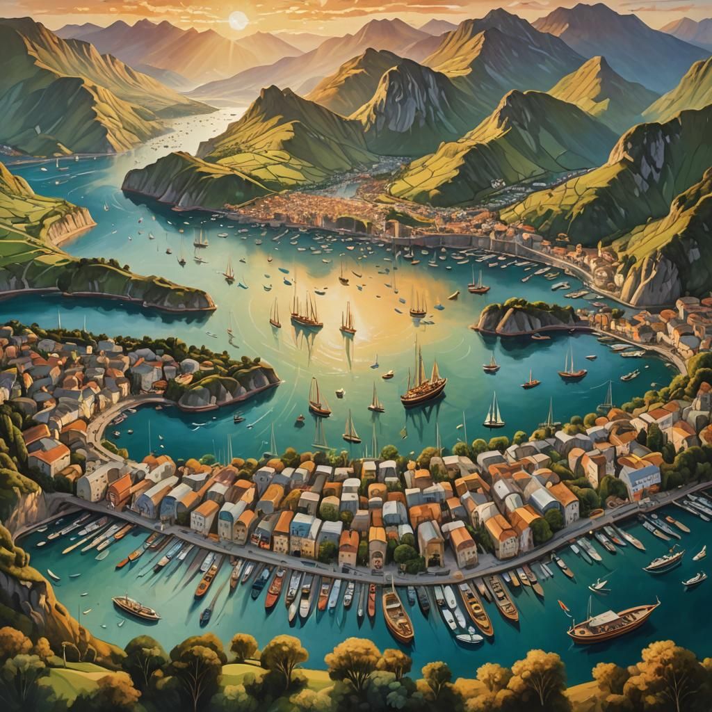 Aerial View of Fantasy Harbour as Oil Painting