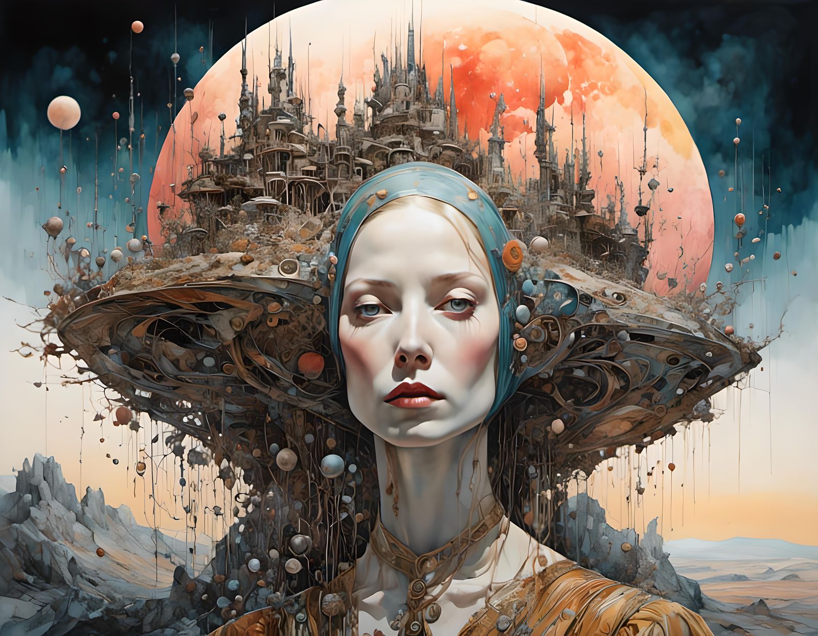 Watercolor Castle Under Blood Moon, Surreal Illustration