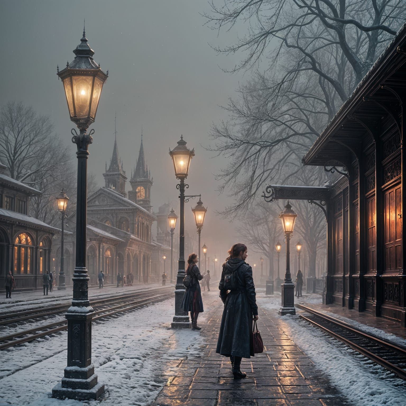 Emotional Goodbye at Train Station, Detailed Matte Painting