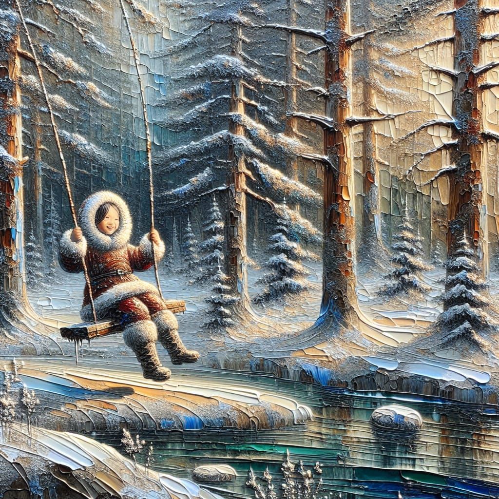 Inuit Girl Swinging in Winter Forest: Impasto Style