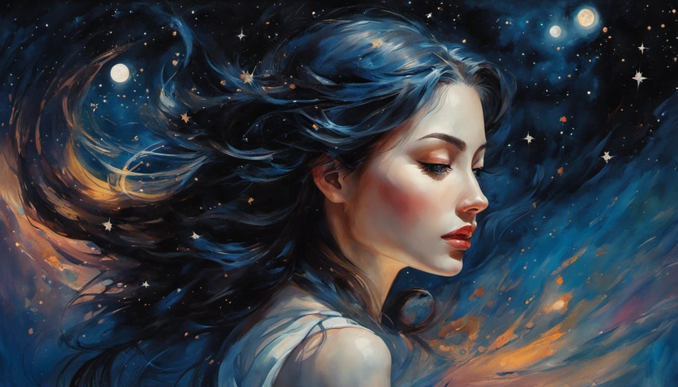 Starry Night Fantasy: Woman in Enchanted Garden as Impasto P...
