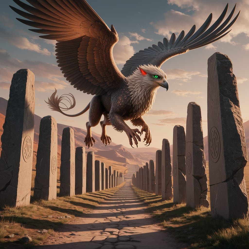 Griffin Soaring Over Ancient Megalithic Avenue