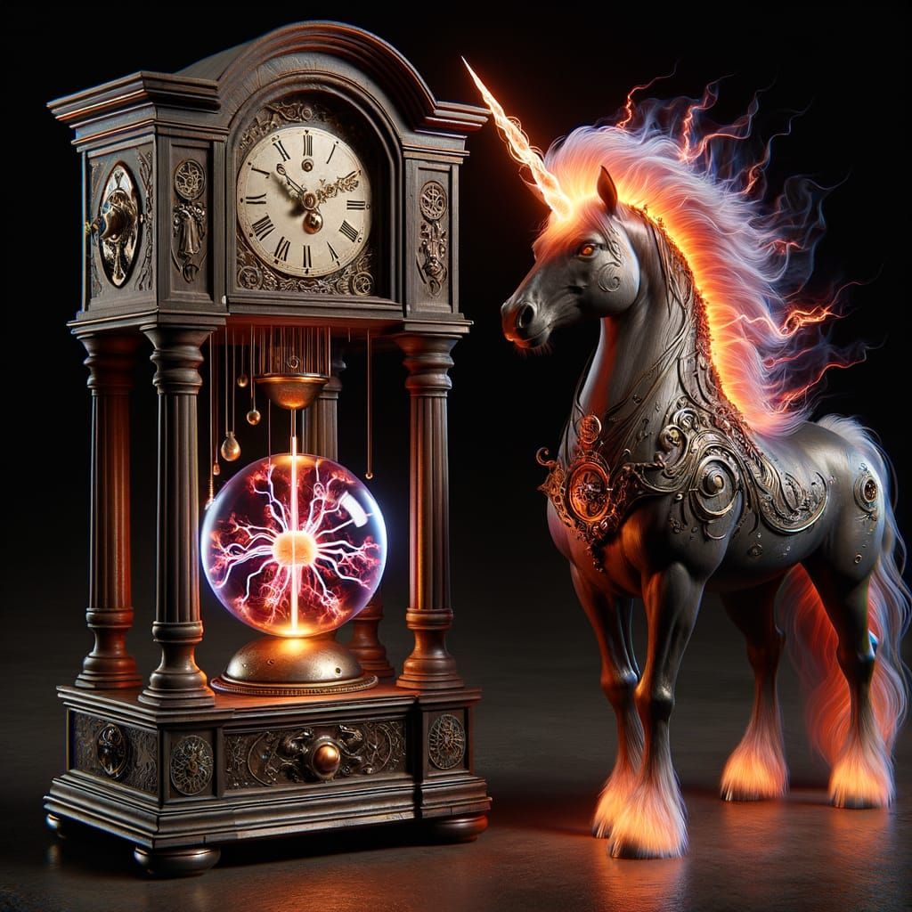 Vampire Unicorn Stallion Beside Sorceress's Plasma Clock