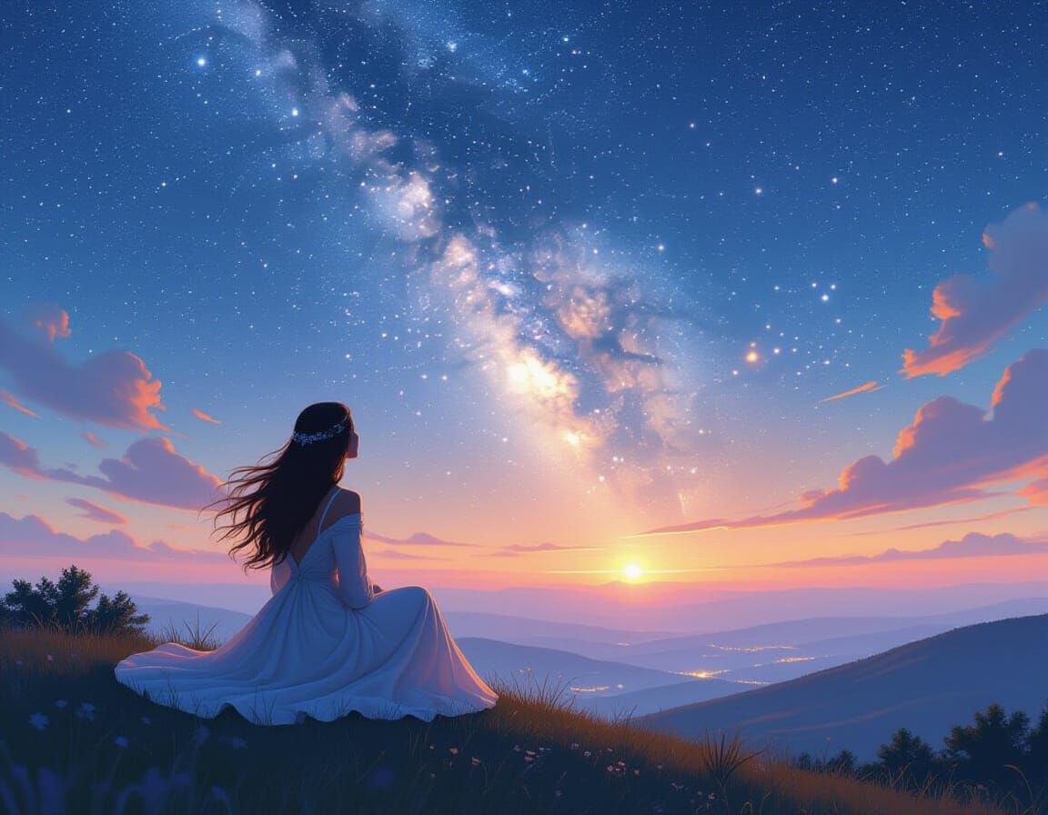 Ethereal Woman Gazing at Milky Way