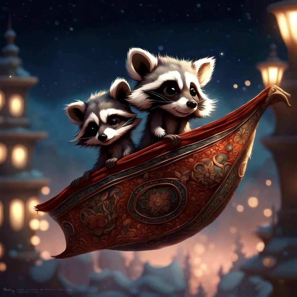 Raccoon and Opossum on Magic Carpet, 3D Rendering