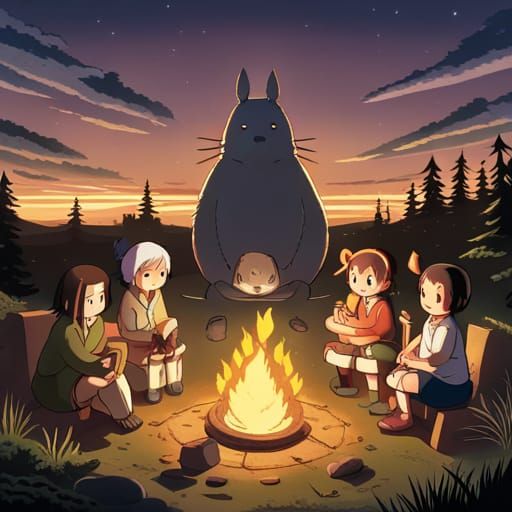 Animals Around Campfire in Studio Ghibli Style