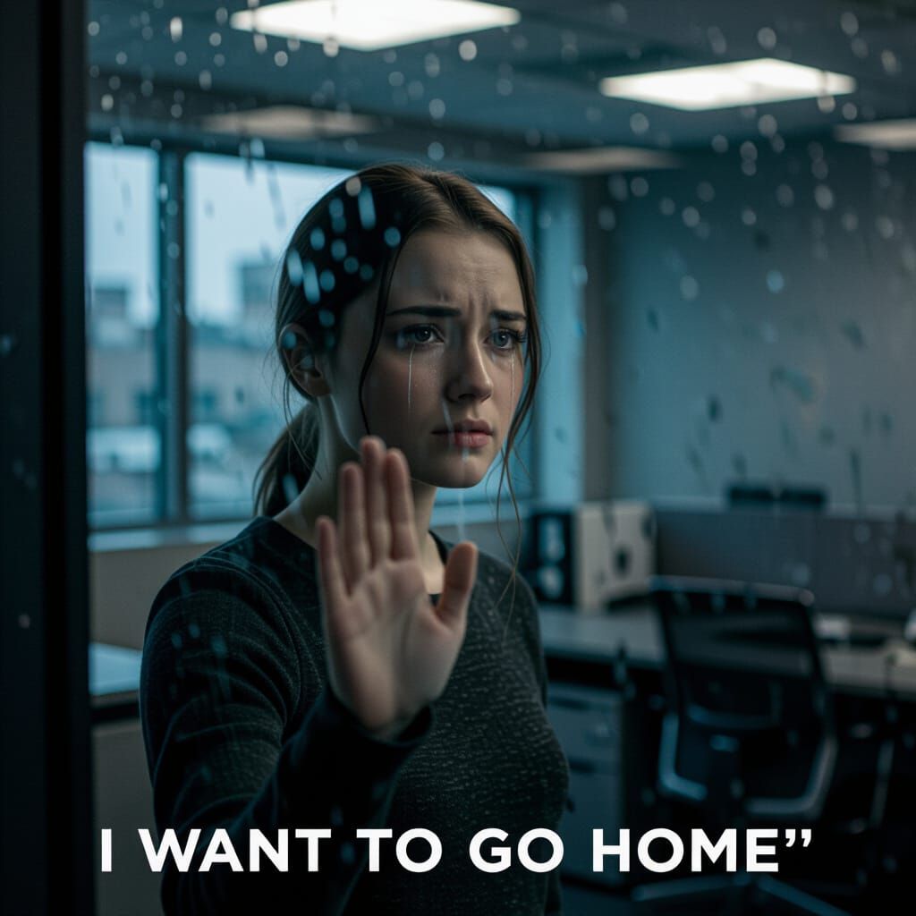 Woman Crying in Rainy Office Window