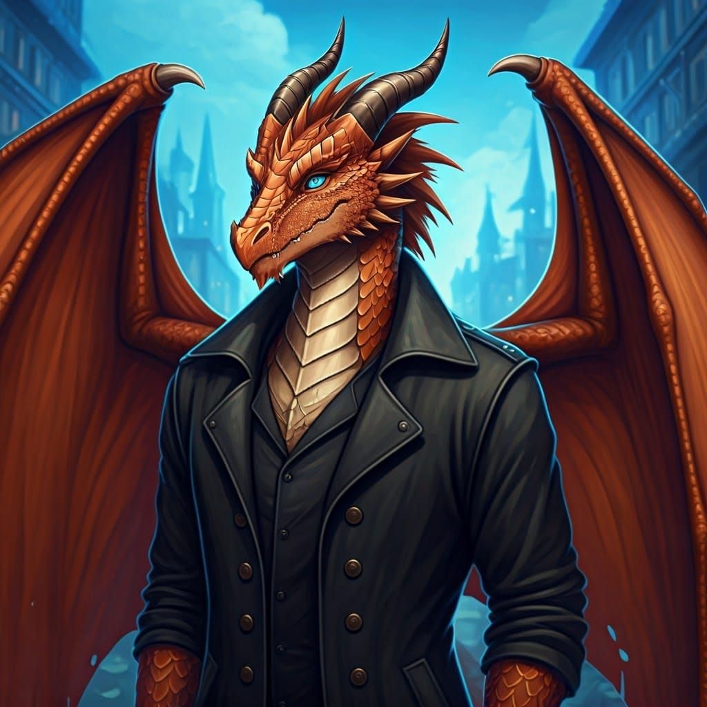 Copper Dragon in Blue Fantasy Cityscape