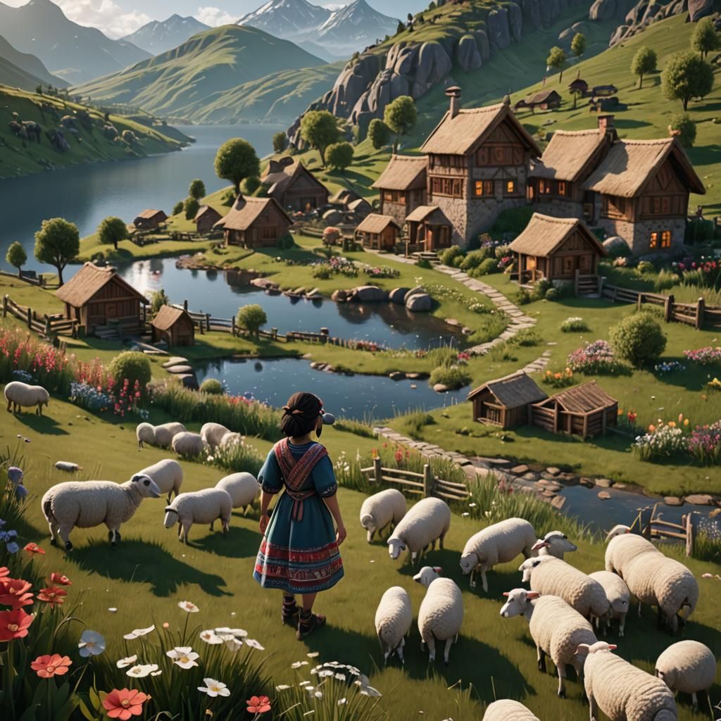Tribal Girl Herding Sheep at Sunset: 3D Game Art