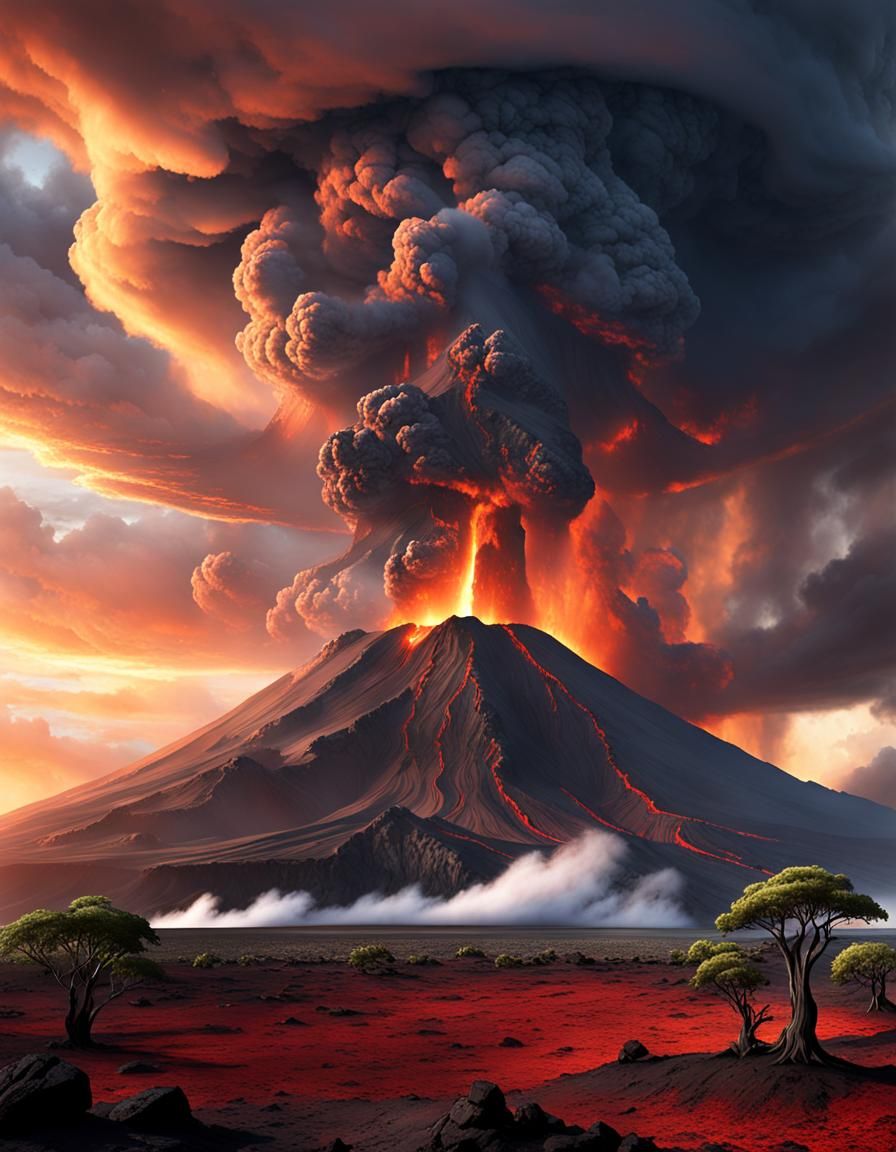 Volcanic Eruption Under Stormy Sky: Hyperrealistic Landscape