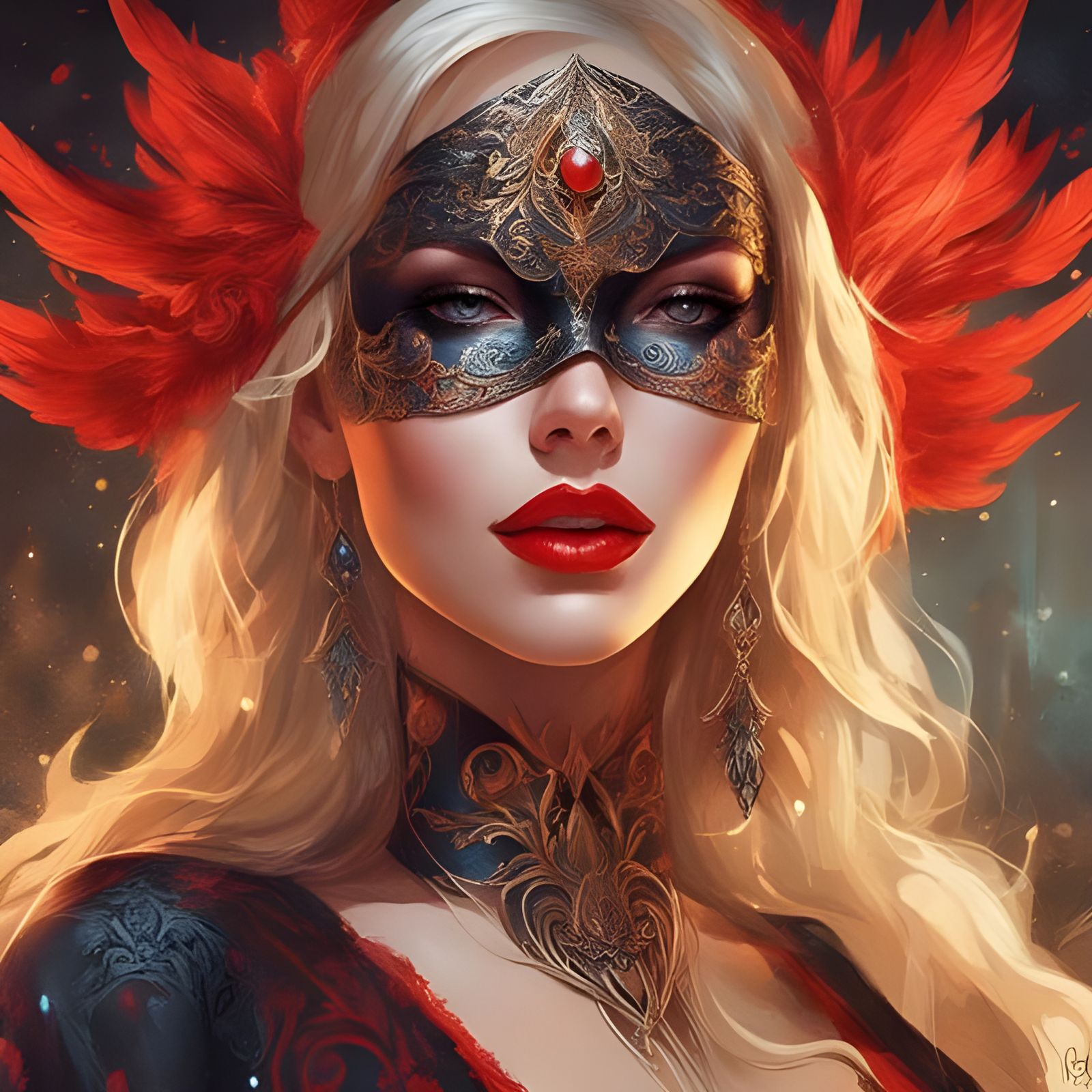 Masked Blond Girl Portrait in Gothic Splash Art Style