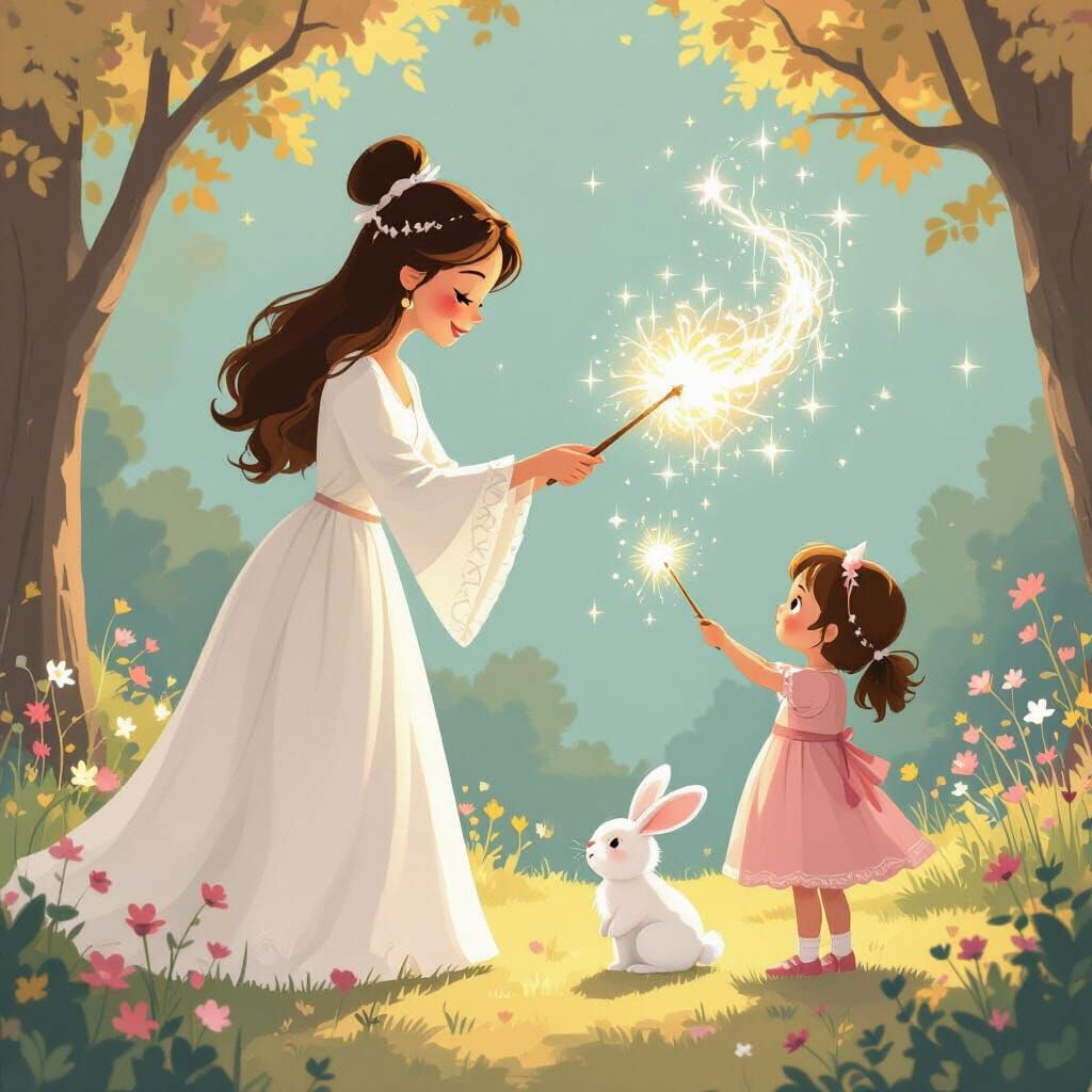 Lady Teaches Girl Magic in Whimsical Storybook Style