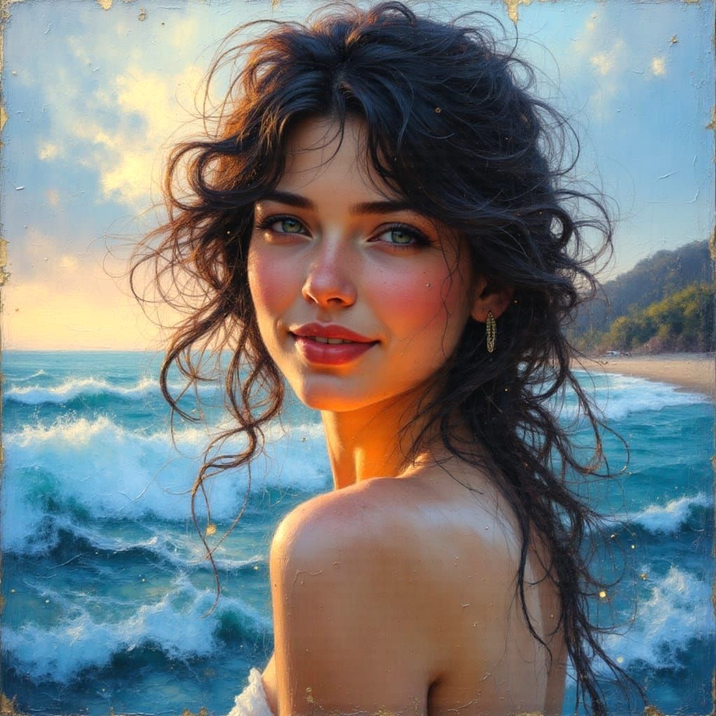 Twilight Beach: Impressionist Oil Painting of Smiling Woman