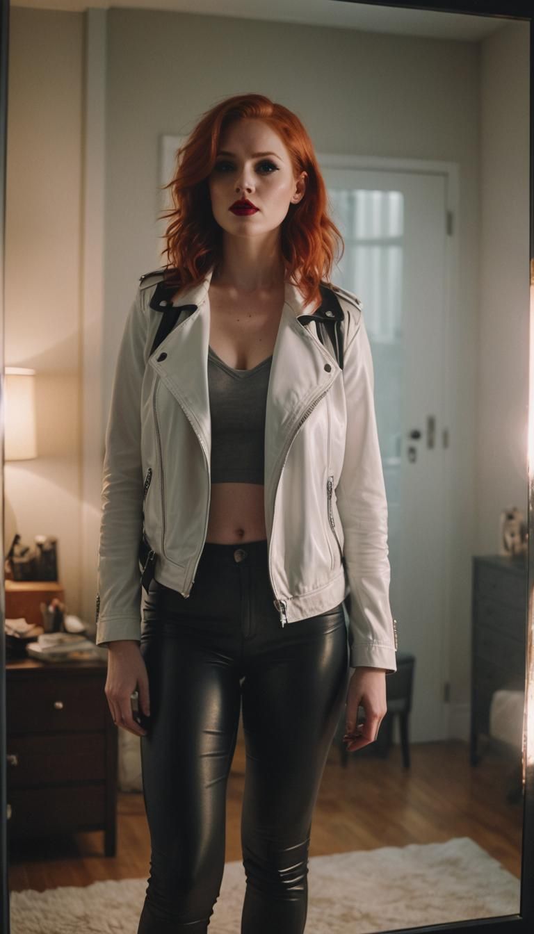 Cinematic Redhead in Modern Bedroom with Mirror