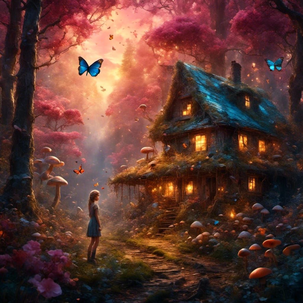 Girl in Enchanted Forest with Fairies and Sunset