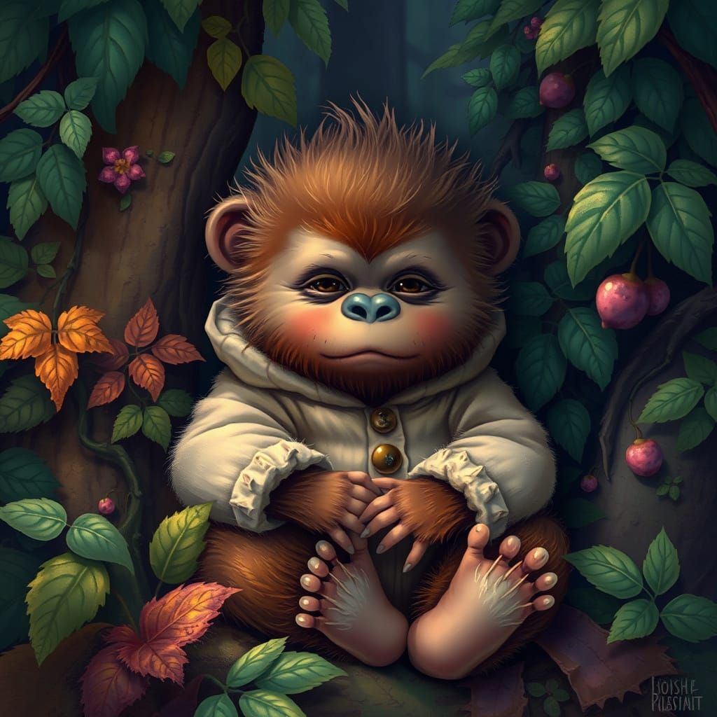 Baby Sasquatch in Forest, Whimsical Illustration