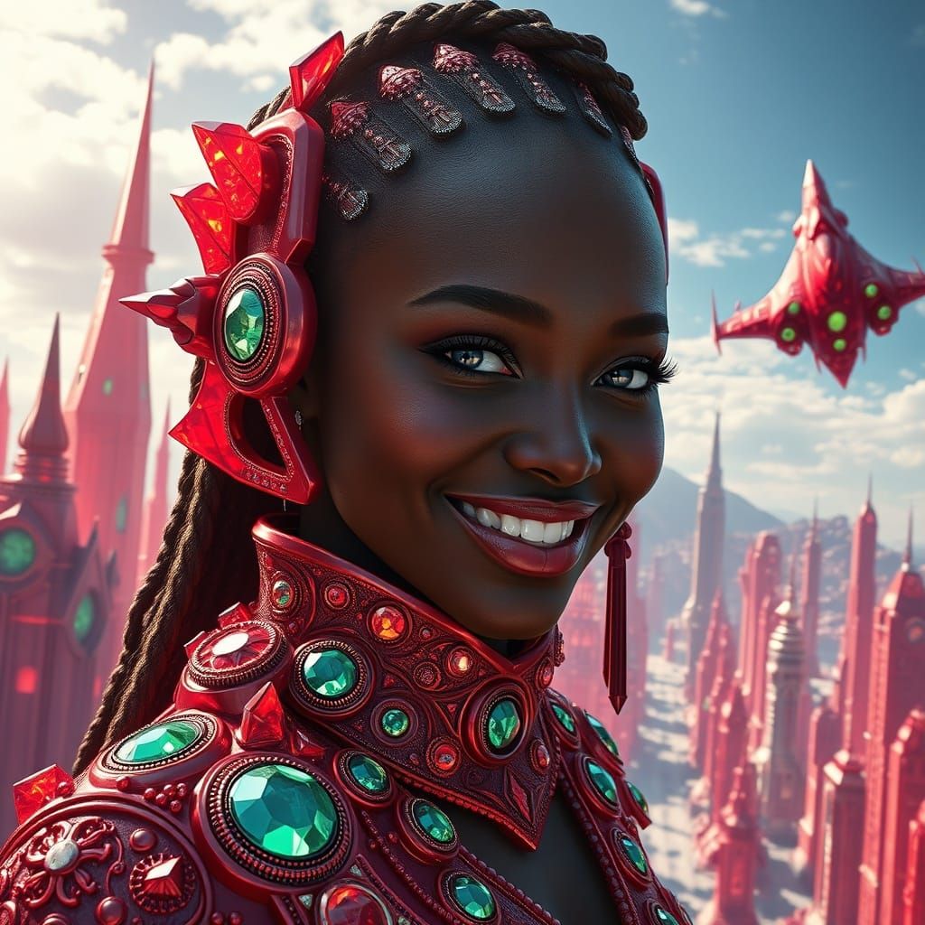 Futuristic Red Crystal City with Crystal-Clad Woman