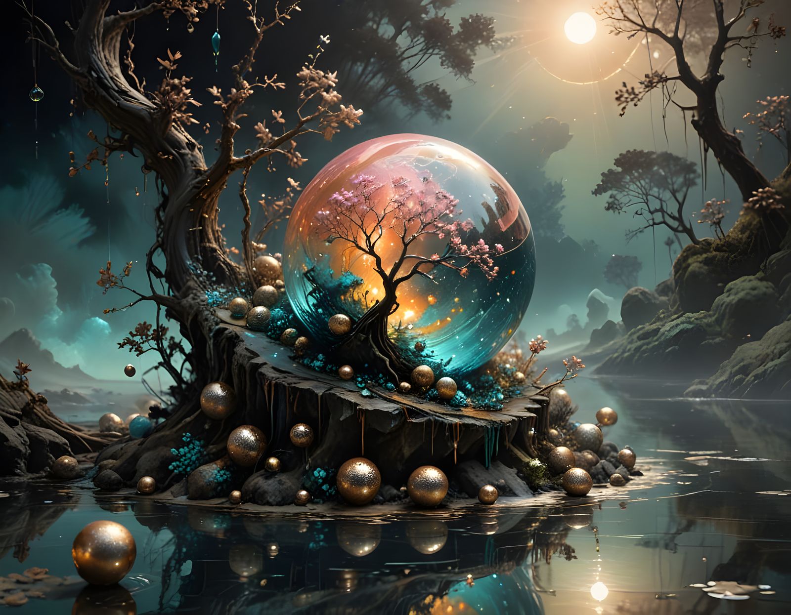 Bioluminescent Landscape with Sepia Impasto Effect