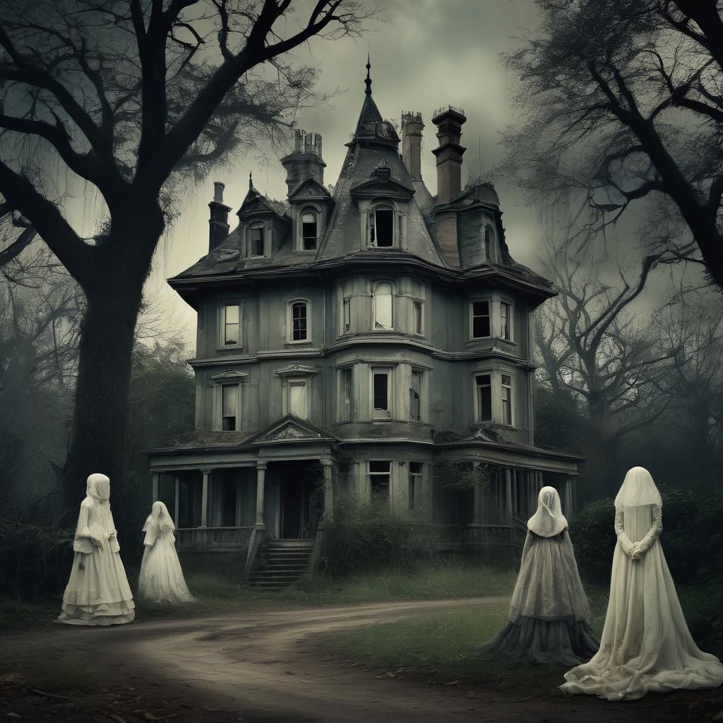 Haunted Victorian Mansion with Spooky Ghostly Faces