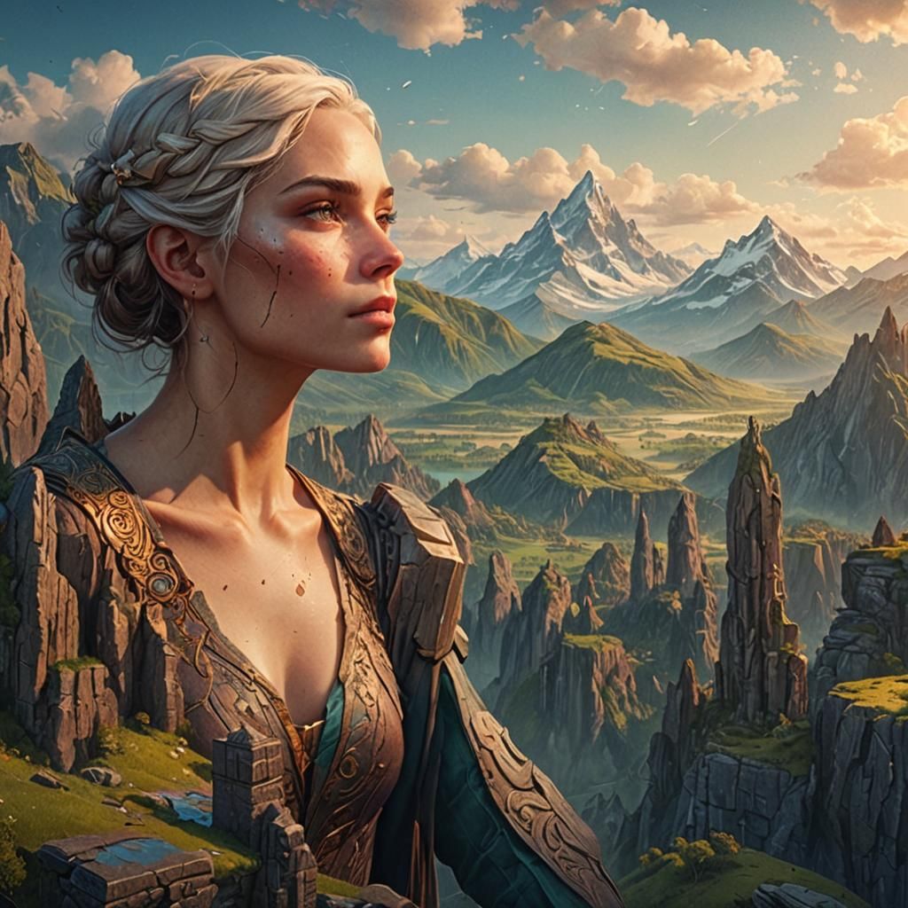 Vintage Mountain Woman Illustration in Detailed Matte Style