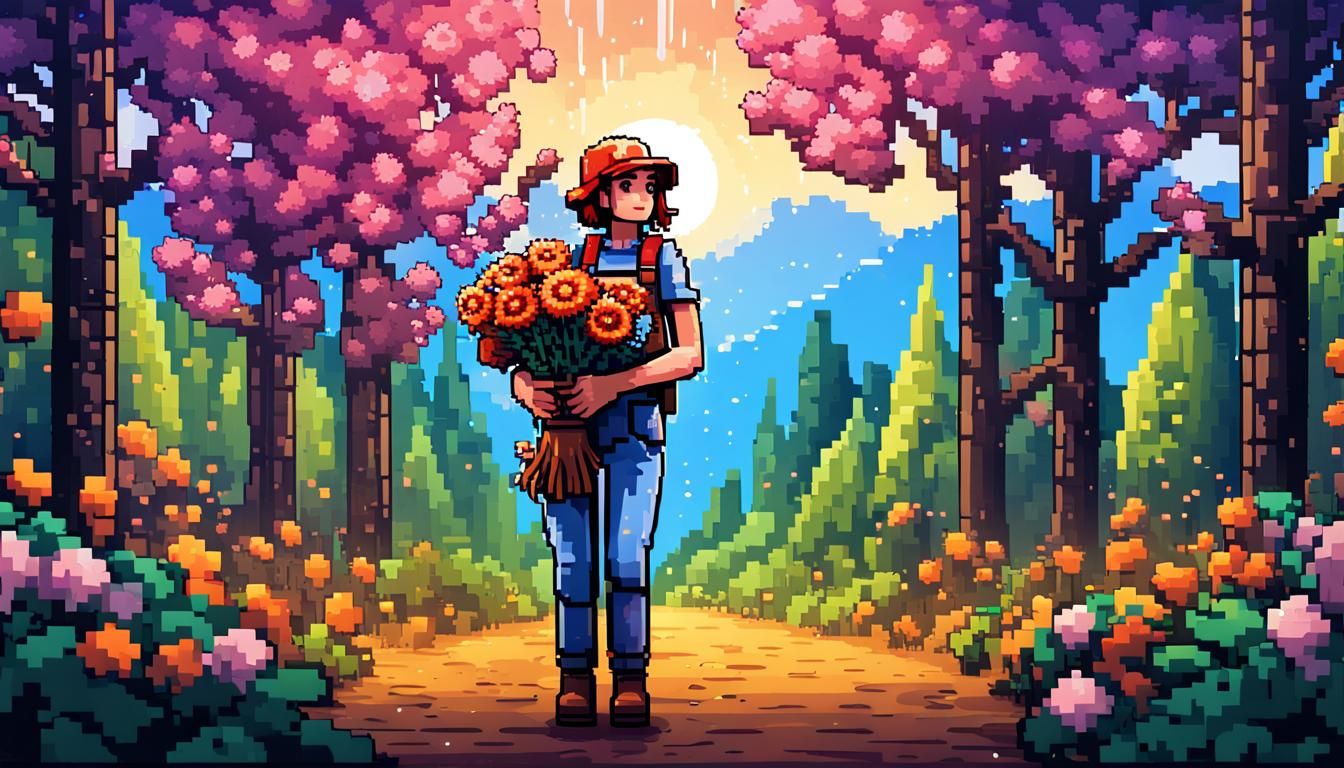 Farmer with Flowers in Pixel-Art Forest