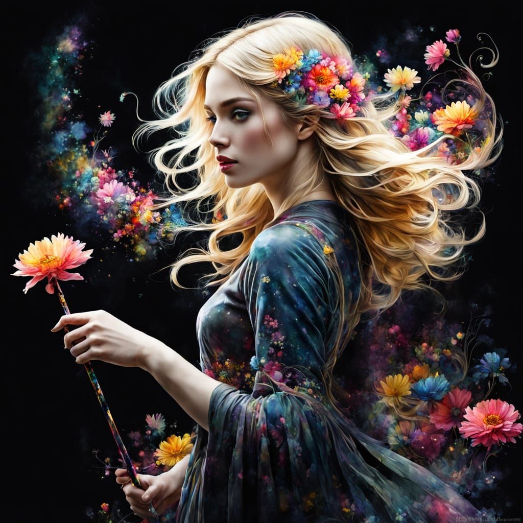 Fantasy Watercolor Silhouettes of a Blond Girl with Flowers