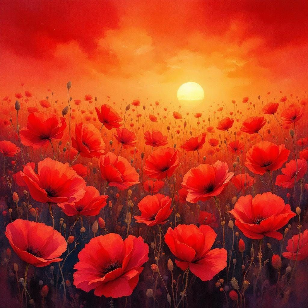 Scarlet Poppies Swaying at Sunset as Watercolor Painting