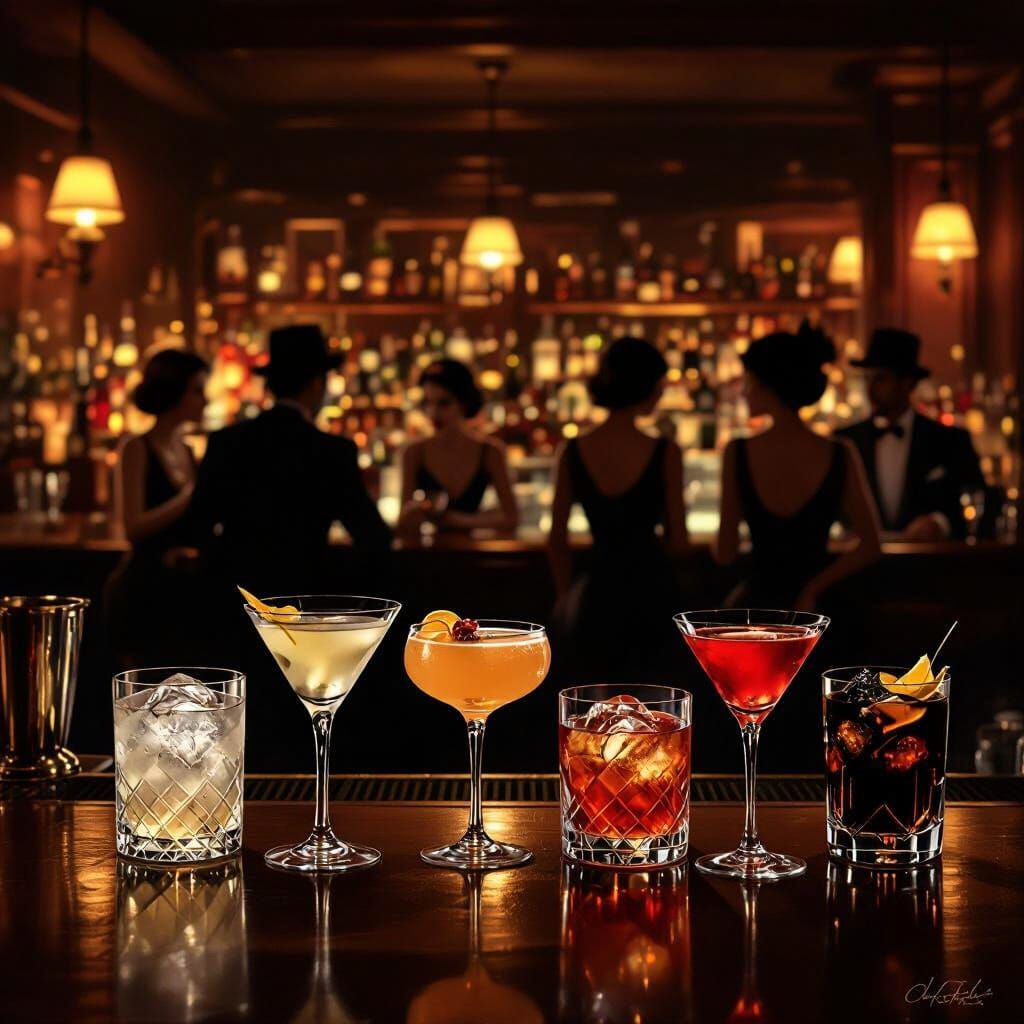 Vintage Bar Displaying Twelve Classic Cocktails in Dim Light