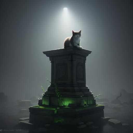 Mystical Cat Guardian in Abandoned Temple