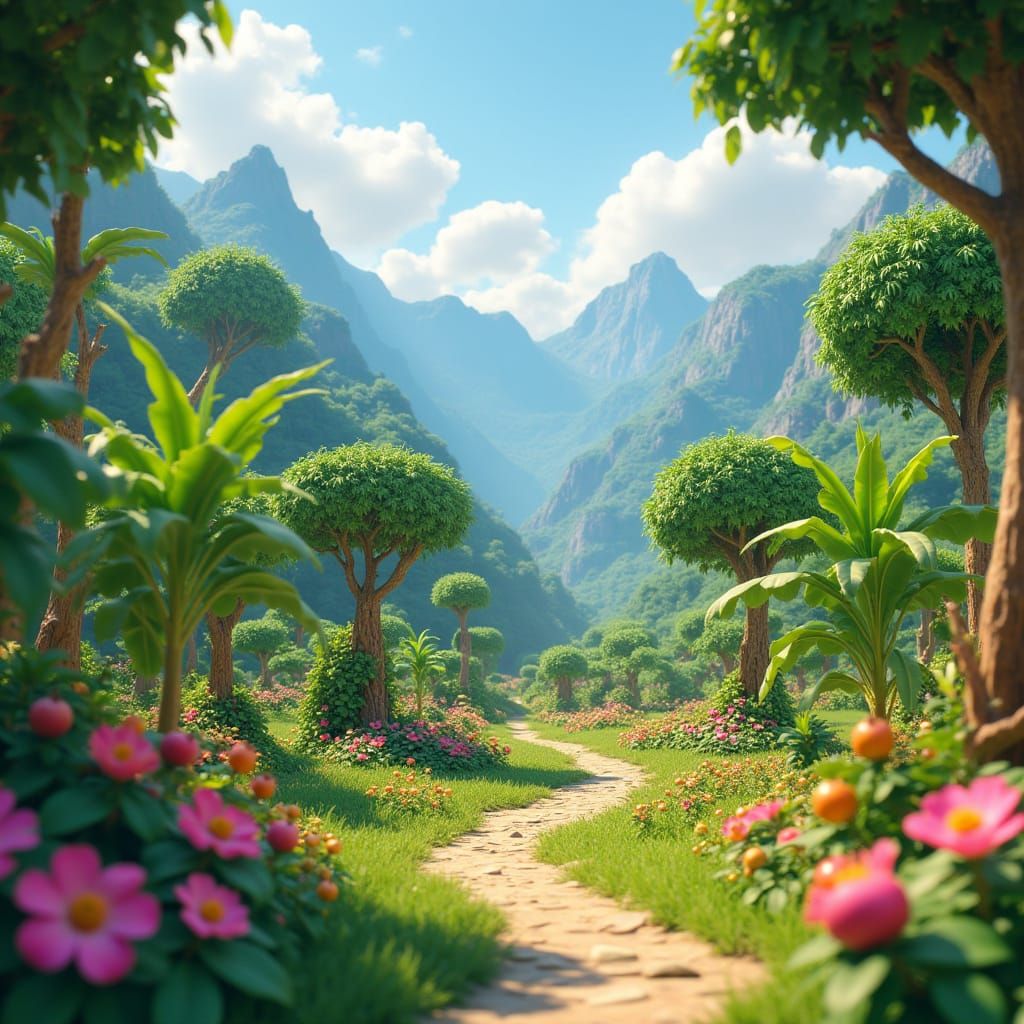Lush Fruit Garden in 3D Pixar Style