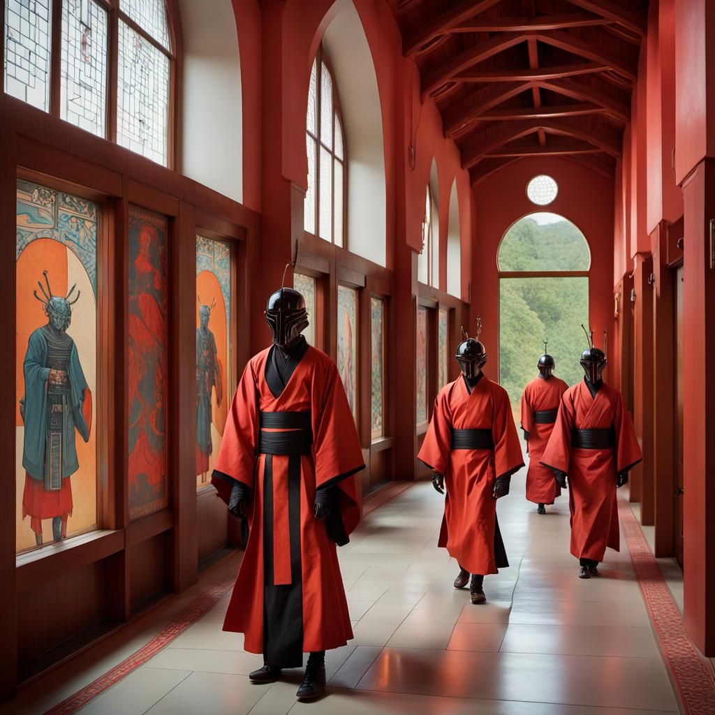 Cyborg Samurai in Neo-Noir Monastery