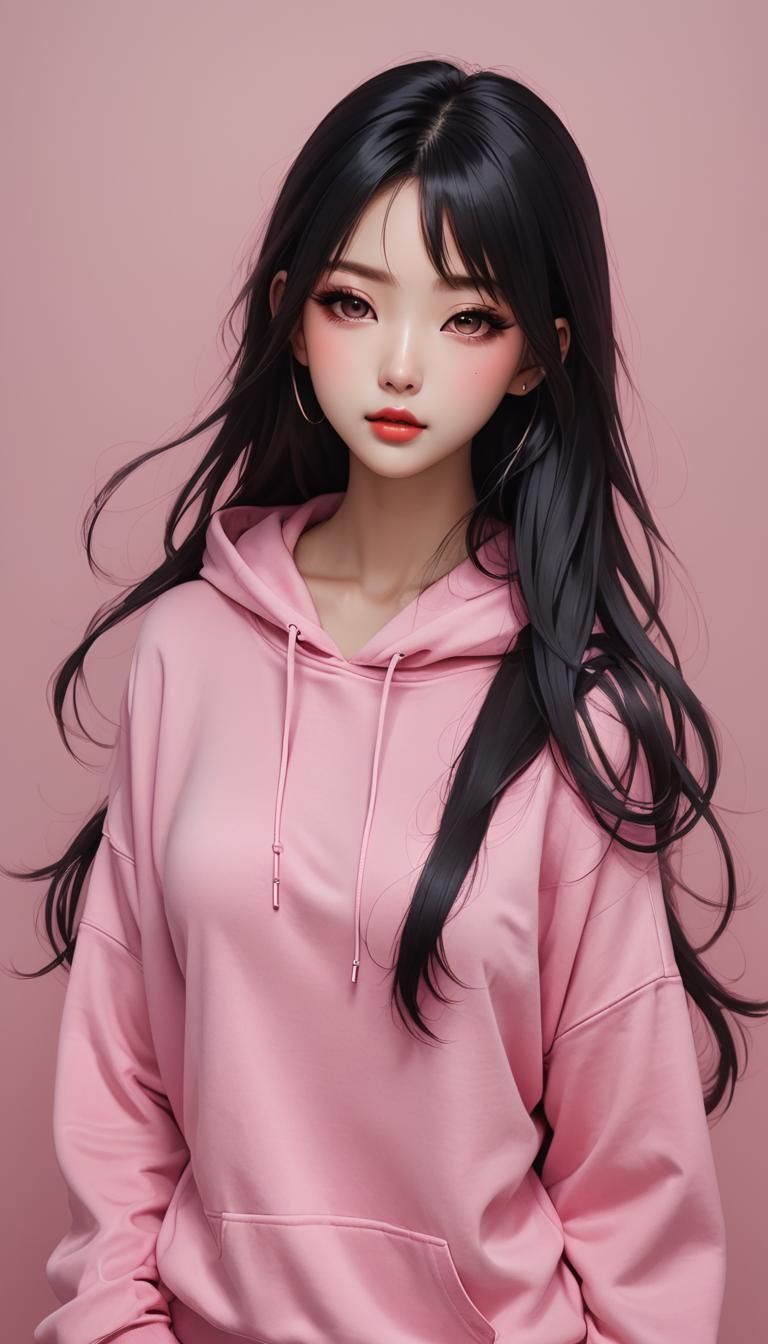 Anime Girl with Pink Eyes in Manga Style