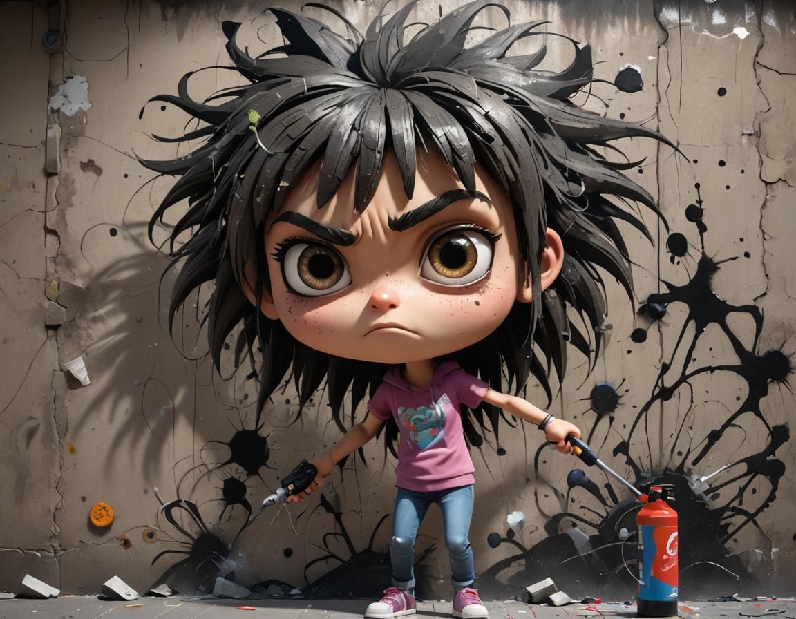 Animated 3D Graffiti of an Angry Girl