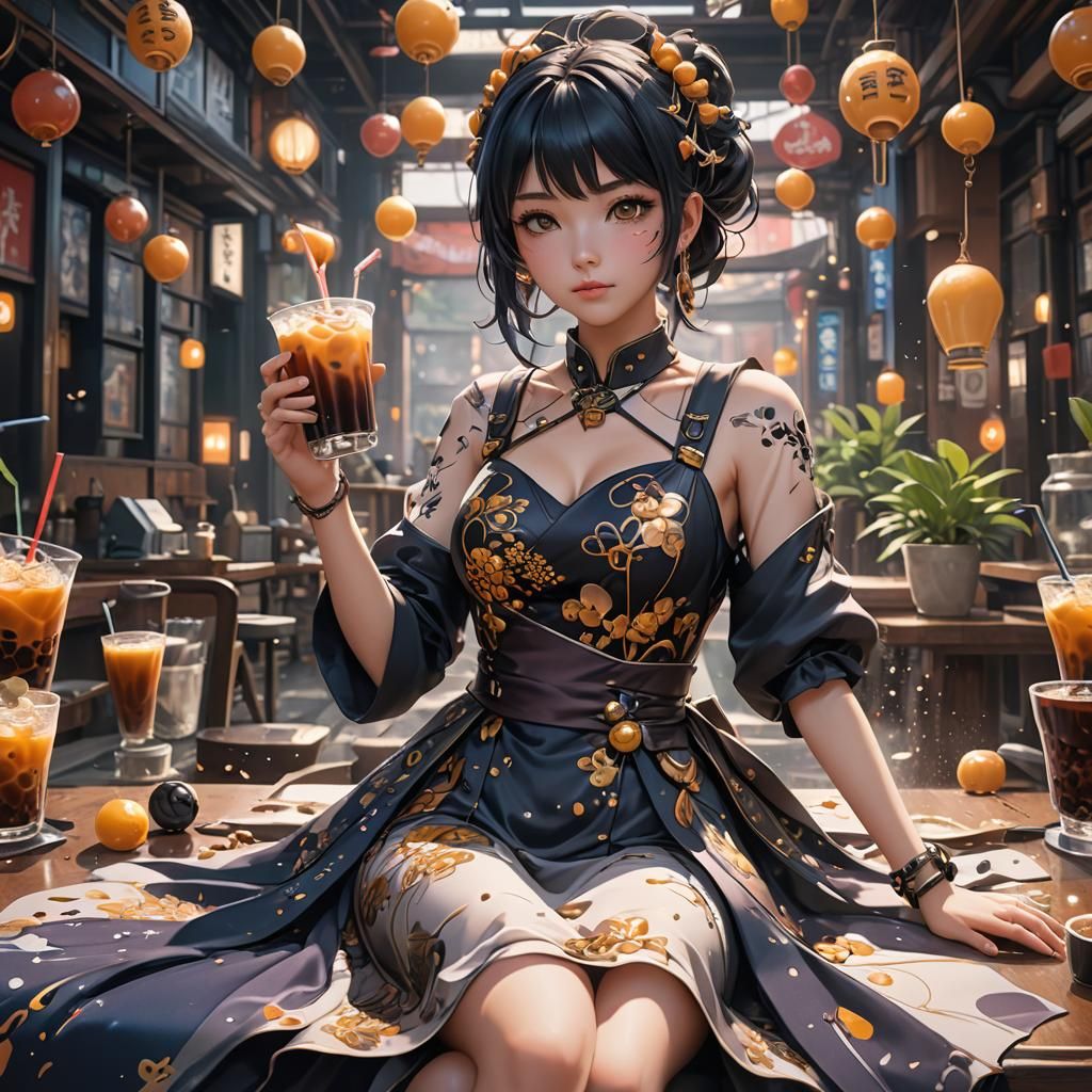 Anime Girl's Boba Tea Mishap: Detailed Matte Painting