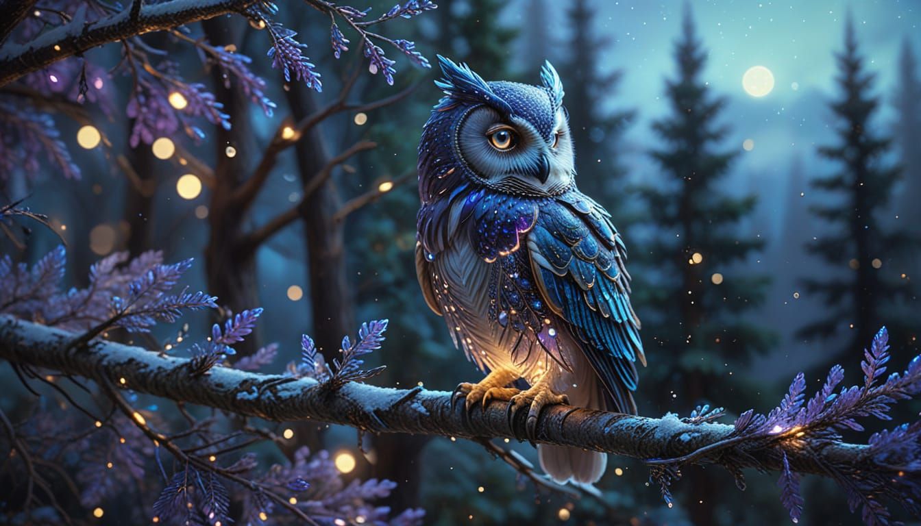 Iridescent Crystal Owl with Winter Landscape