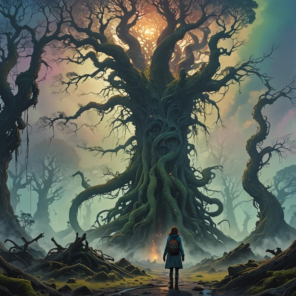 Ethereal Figure Amidst Ancient Tree Roots