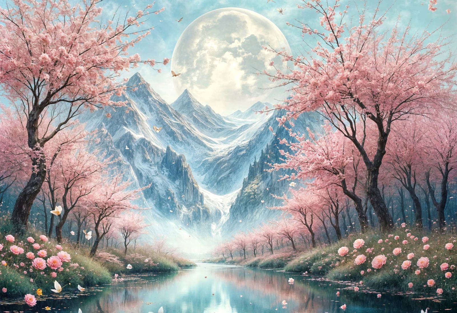 Ethereal Moonrise Over Snowy Mountains with Plum Blossoms