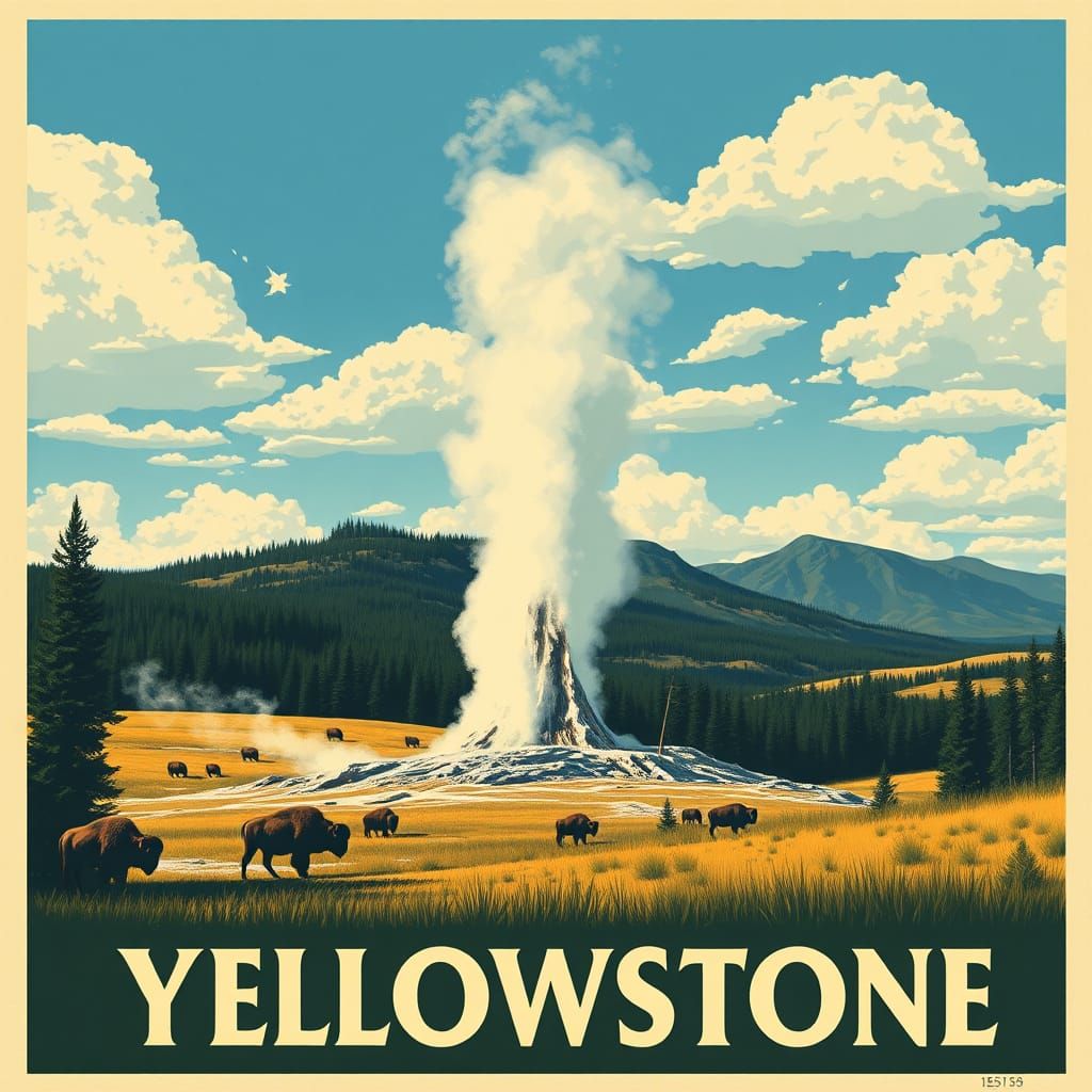 Vintage Yellowstone Travel Poster with Geyser