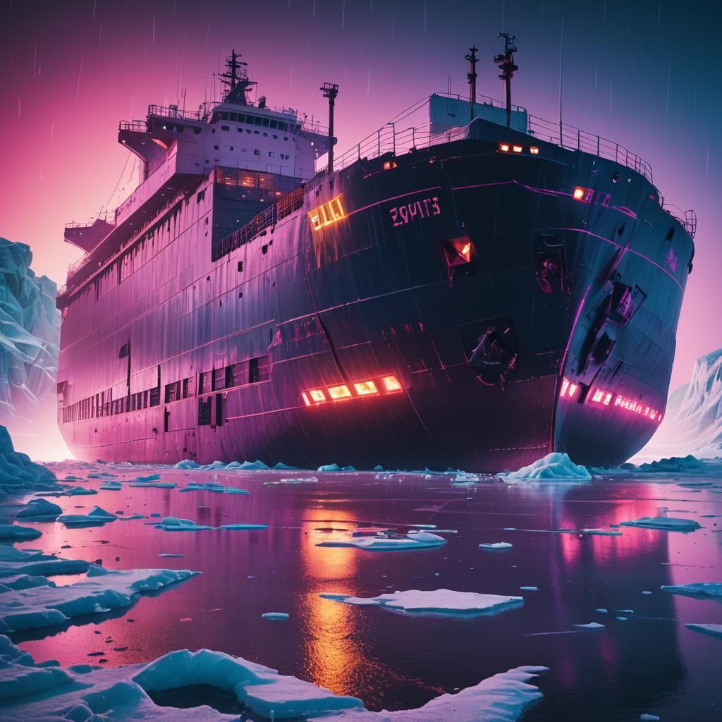Cargo Ship Sinking in Synthwave Neon Ice