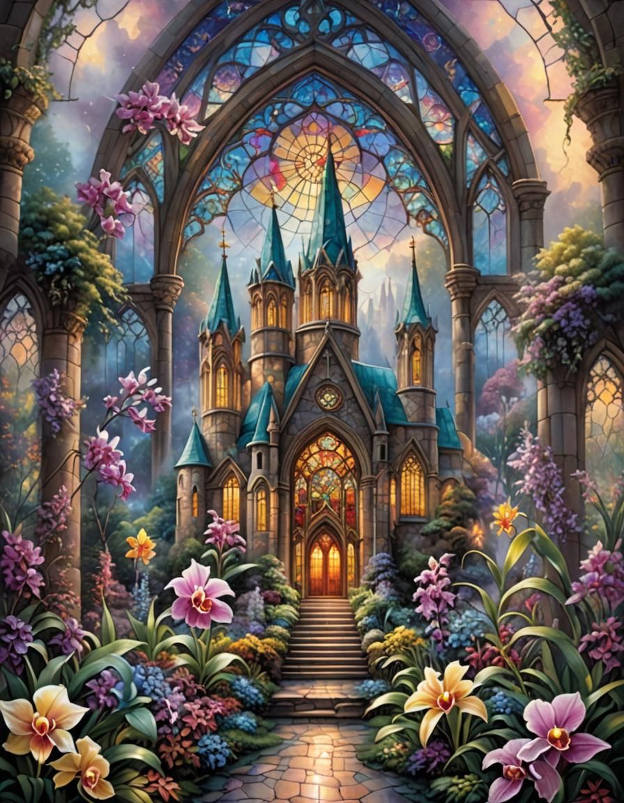 Ethereal Stained Glass Cathedral with Orchid in Luminism Sty...