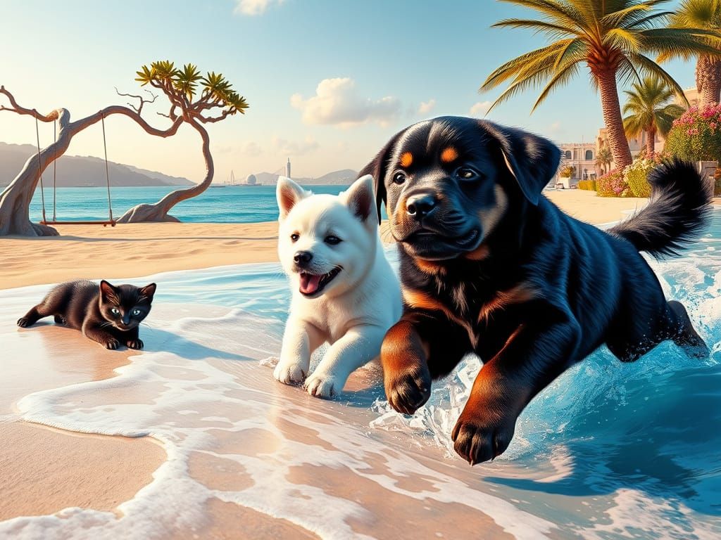 Stunning Beach Scene with Playful Puppies and Lazy Cat in Vi...