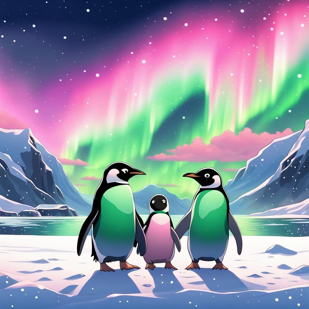 Anime Penguins Under Northern Lights
