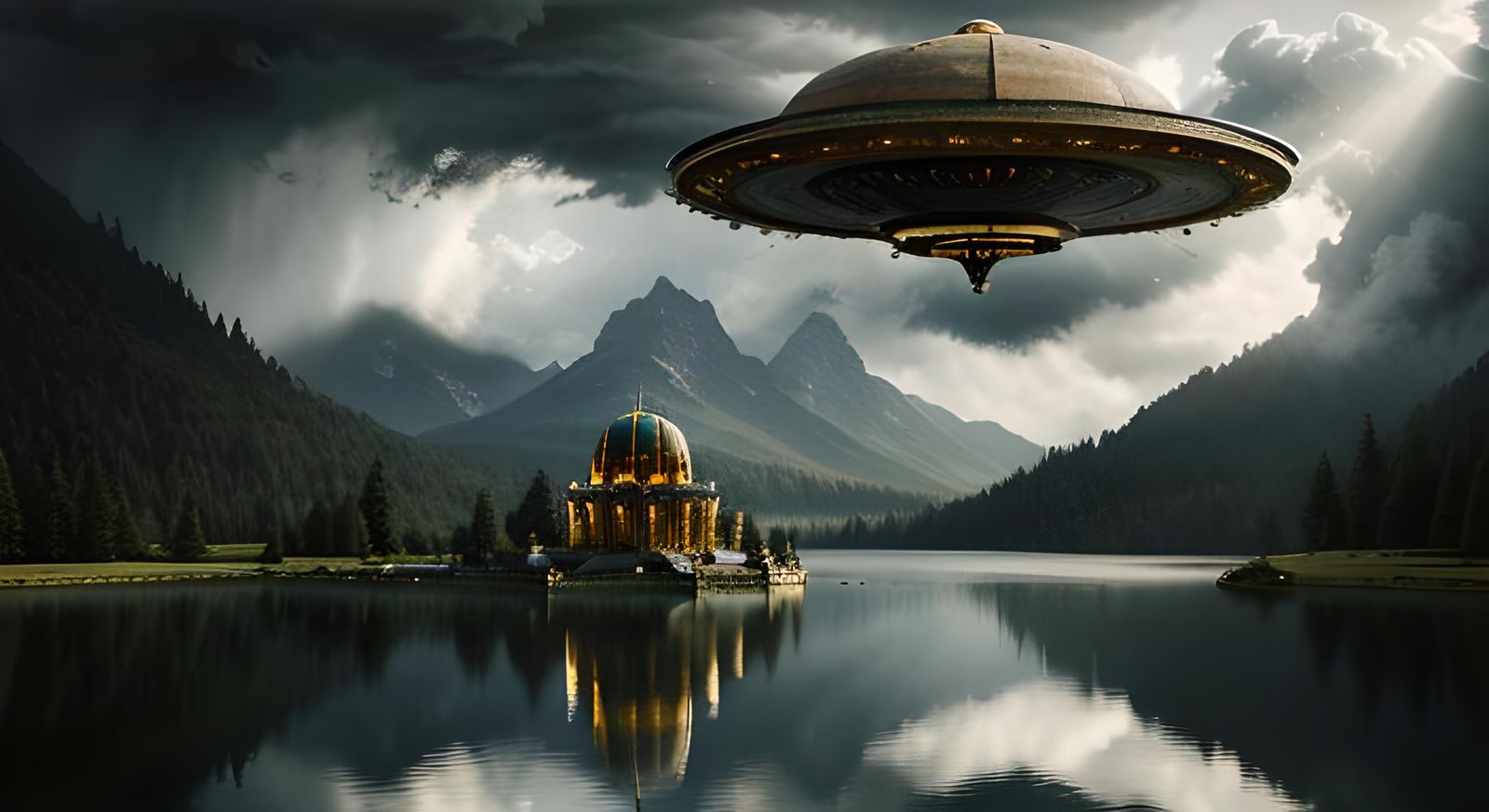 Ancient Vimana UFO over Alpine Lake