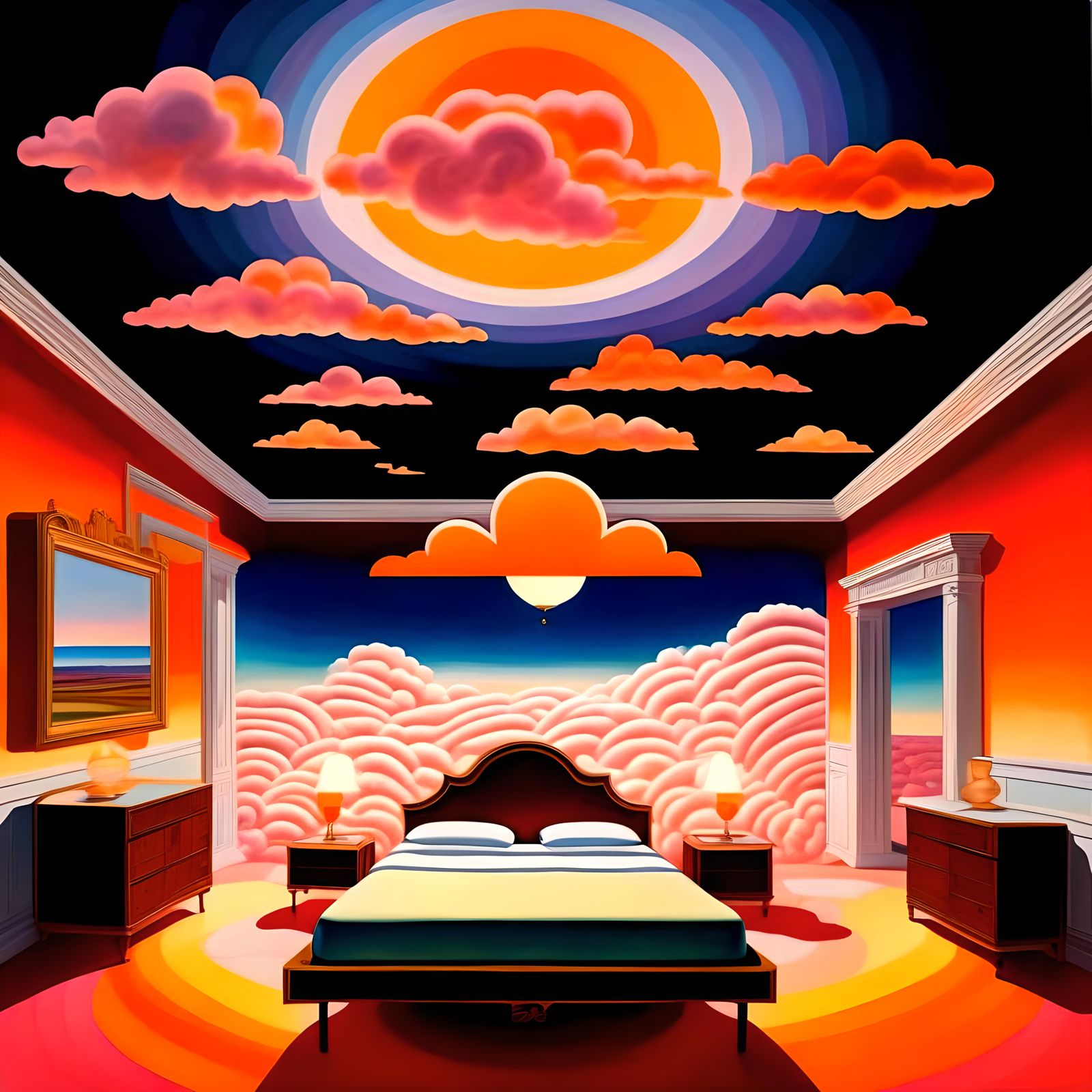 Surreal Dreamscape with Bed and Clouds